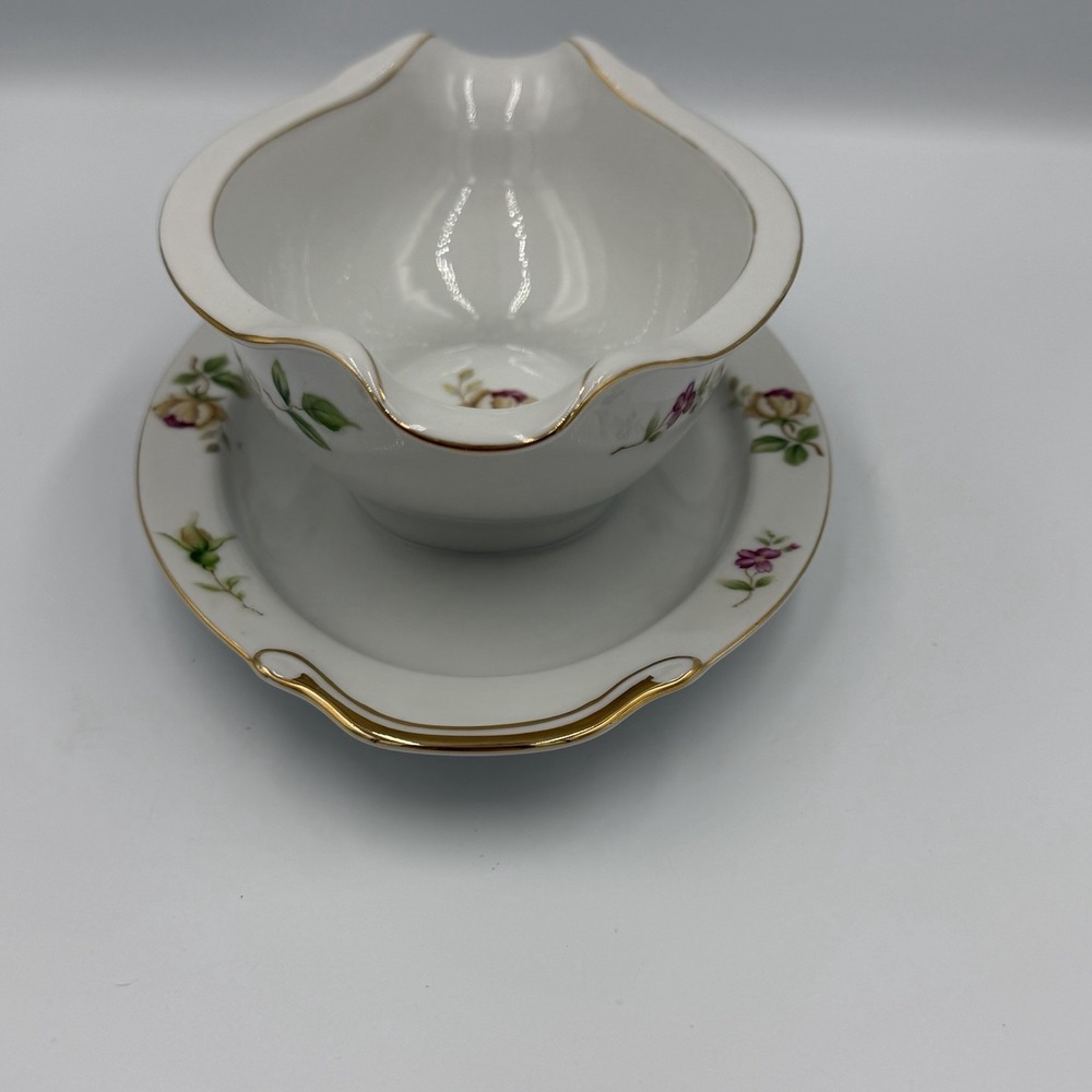 Vintage Lynmore Golden Rose Fine China Gravy Boat With Attached Plate - Picture 5 of 8